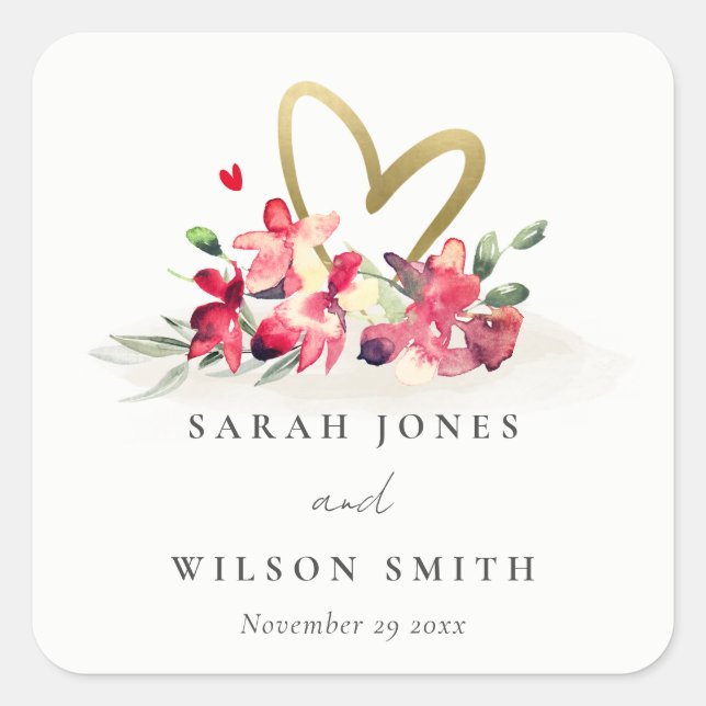 Sticker Carré Rouge or Orchidée Coeur Floral Aquarelle Mariage (Devant)