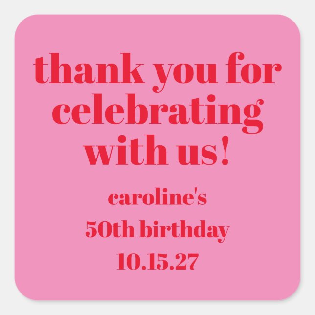 Sticker Carré Rouge rose gras 50e anniversaire Merci personnalis (Devant)