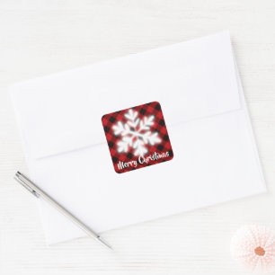 Sticker Carré Rouge rustique et noir plaid - flocons de neige