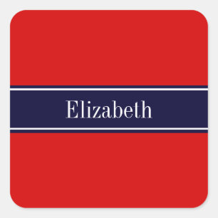 Sticker Carré Rouge uni, ruban bleu marine Nom Monogramme
