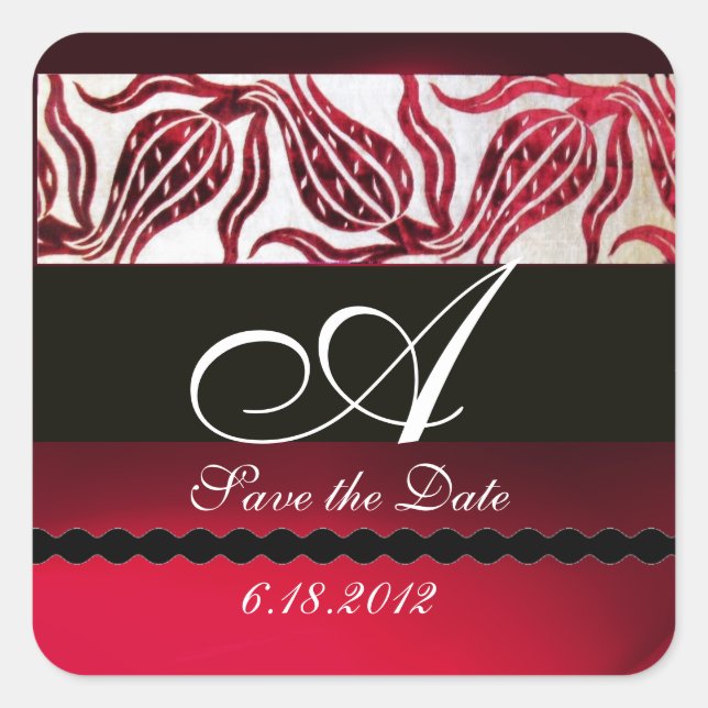 Sticker Carré ROUGE VELVET DAMASK TULIPS MONOGRAMME Bourgogne Bl (Devant)