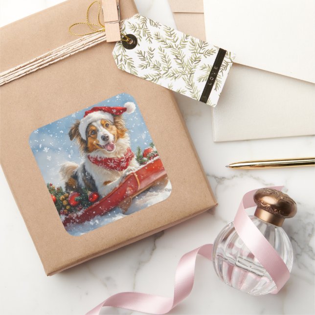Sticker Carré Rough Collie Dog in Sledge Let it Snow Christmas (Cadeaux)