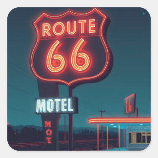 Sticker Carré Route 66 Neon Motel Night Travel Art