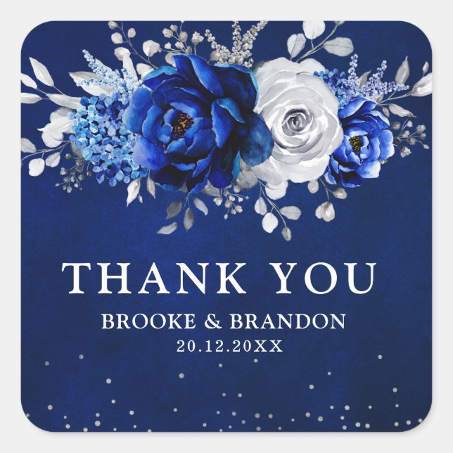 Sticker Carré Royal Bleu Blanc Métallique Argent Floral Mariage  (Devant)