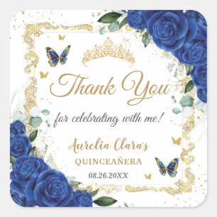 Sticker Carré Royal Blue Floral Papillons Or Quinceañera 16