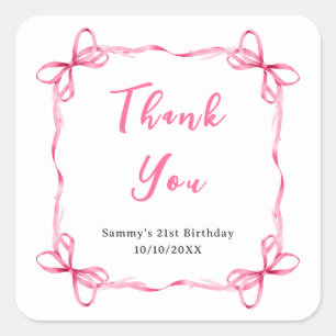 Sticker Carré Ruban Coquette Rose Fête d'Anniversaire Merci