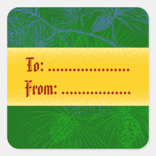 Sticker Carré Ruban Gold Pine Vert Tags cadeaux personnalisés