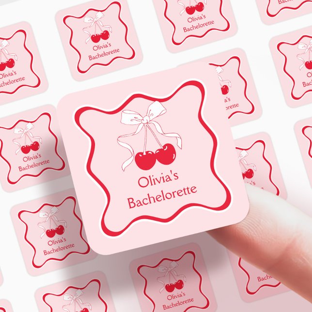 Sticker Carré Ruban ondulé rouge et rose Cerise sur le dessus Fa (Créateur téléchargé)