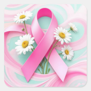 Sticker Carré Ruban rose et marguerites Sensibilisation au cance
