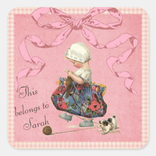 Sticker Carré Ruban vintage personnalisé de rose de fille de
