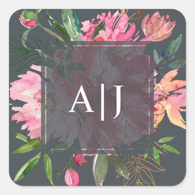 Sticker Carré Ruby Pink Peony Floral Monogramme botanique (Devant)