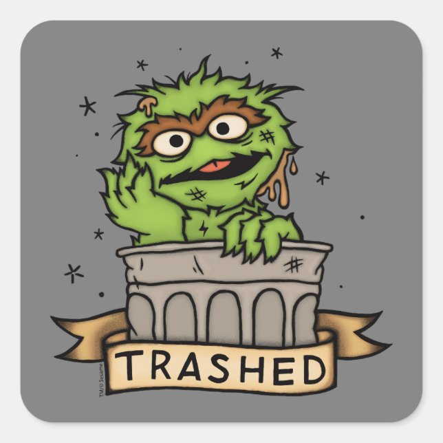 Sticker Carré Rue Sésame | Oscar the Grouch Trashed (Devant)