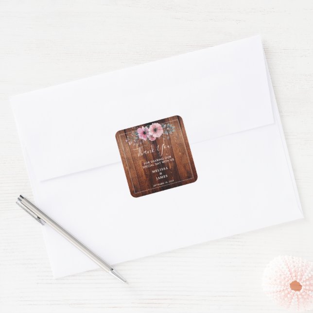 Sticker Carré Russe aquarelle fleurs bois Mariage Merci (Enveloppe)