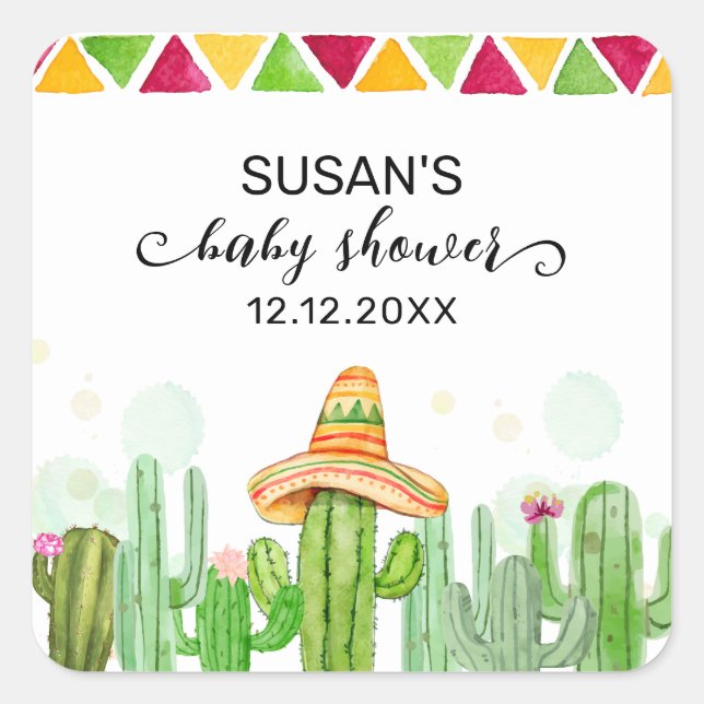 Sticker Carré Russe Boho Fiesta Cactus Taco 'Bout A Baby shower (Devant)