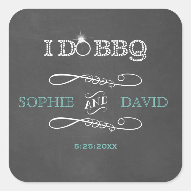 Sticker Carré Russe Chalkboard Burlap I DO BBQ Engagement Party (Devant)