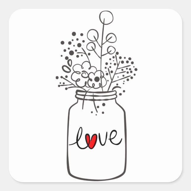 Sticker Carré Russe Floral Mason Jar Fleur Noir Blanc Mariage (Devant)