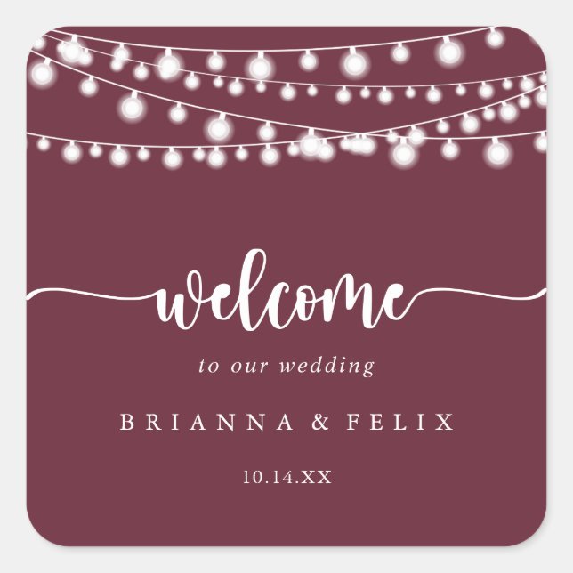 Sticker Carré Russe String Lights Burgundy Mariage Bienvenue (Devant)