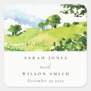 Sticker Carré Russe Vert Aquarelle Campagne Hills Mariage