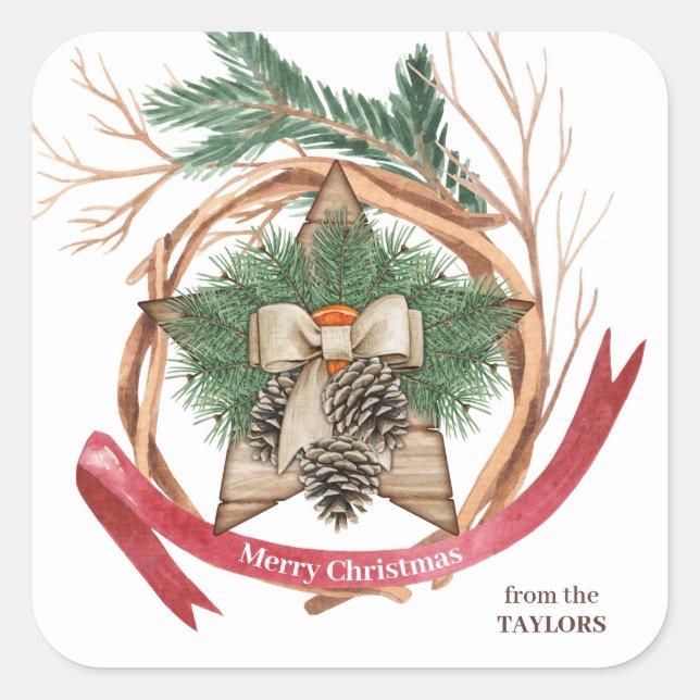 Sticker Carré Russe Wood Christmas Star Twig Wreath (Devant)