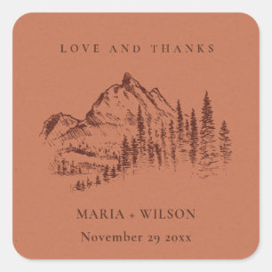 Sticker Carré Rust Orange Pine Woods Mountain Sketch Mariage