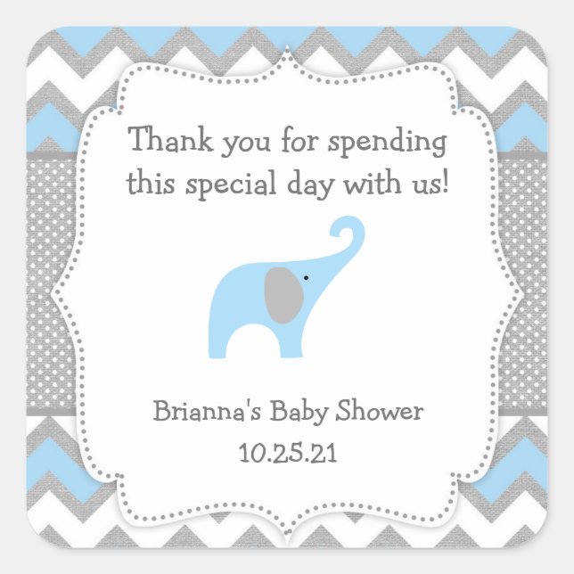 Sticker Carré Rustic Blue Elephant baby shower favoriser autocol (Devant)