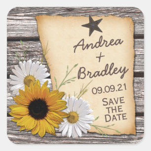 Sticker Carré Rustic Country Sunflowe Daisy Mariage Date de sauv