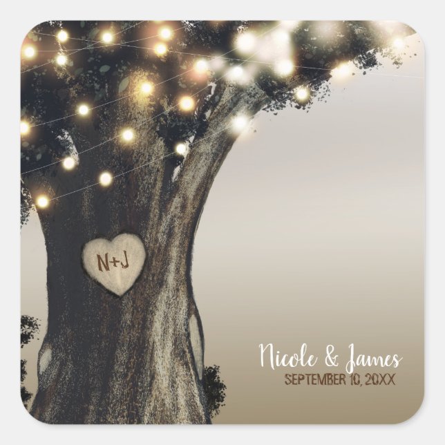 Sticker Carré Rustic Country Tree & Lights Moderne Mariage de gr (Devant)