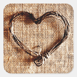 Sticker Carré Rustic Country Twine Heart on Burlap Imprimer