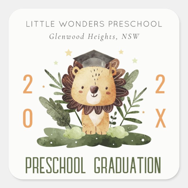 Sticker Carré Rustic Cute Kids Lion Foliage Préscolaire Graduati (Devant)