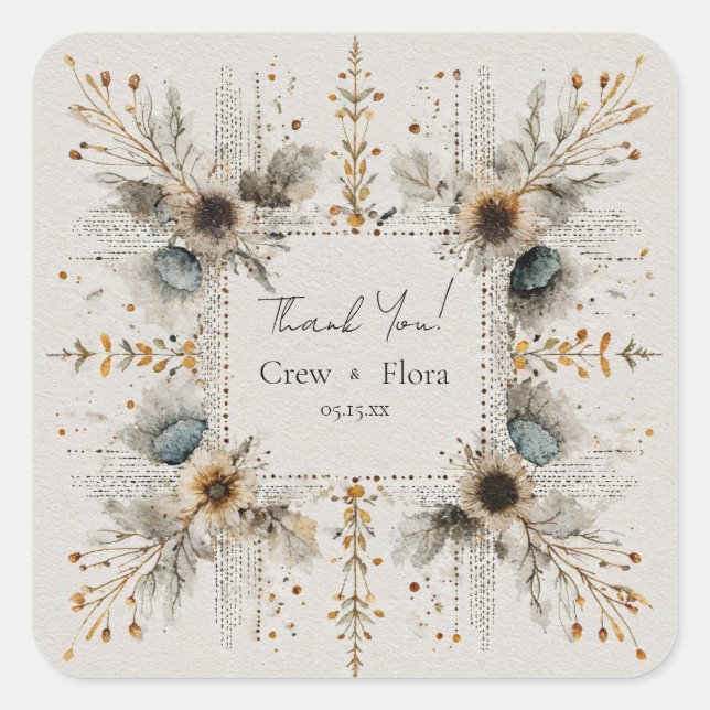 Sticker Carré Rustic Folk Art Floral Mariage (Devant)