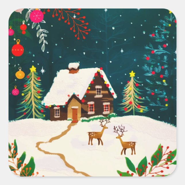 Sticker Carré Rustic Forest Foliage Autumn Winter Berries  (Devant)