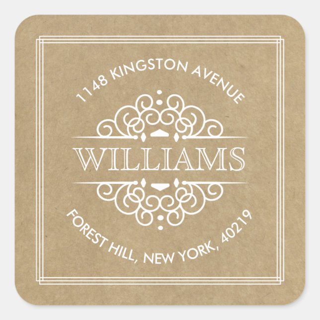 Sticker Carré Rustic Kraft Ornate Swirls Adresse de retour perso (Devant)