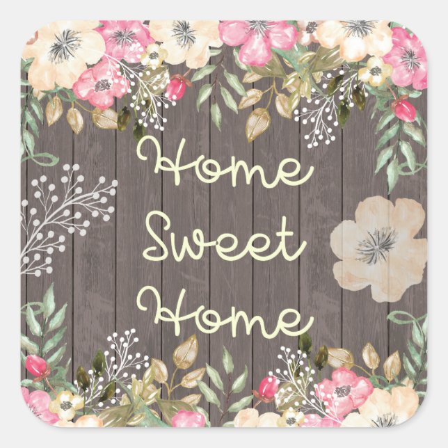 Sticker Carré Rustic Look Home Sweet Home Floral Bois (Devant)