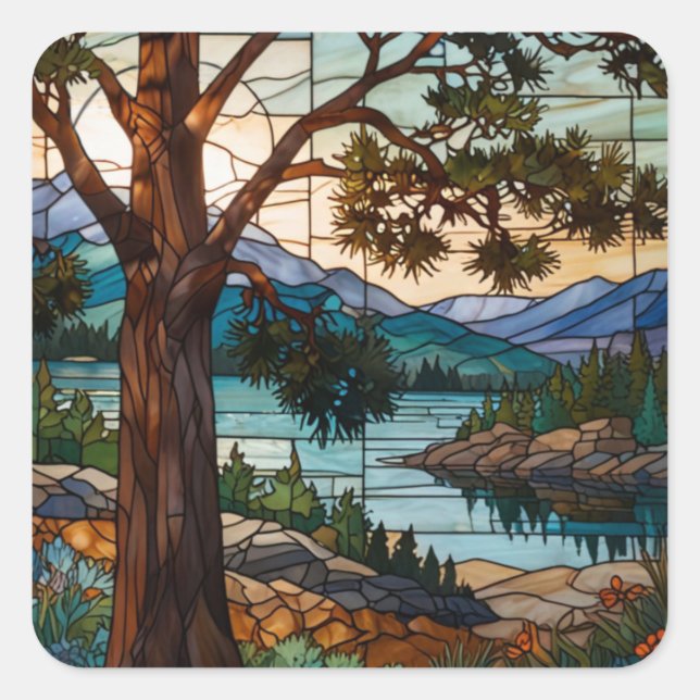 Sticker Carré Rustic mountain range landscape stain glass  (Devant)