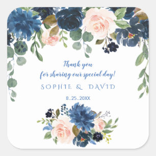 Sticker Carré Rustic Navy Blue Blush Flowers Bloom Mariage