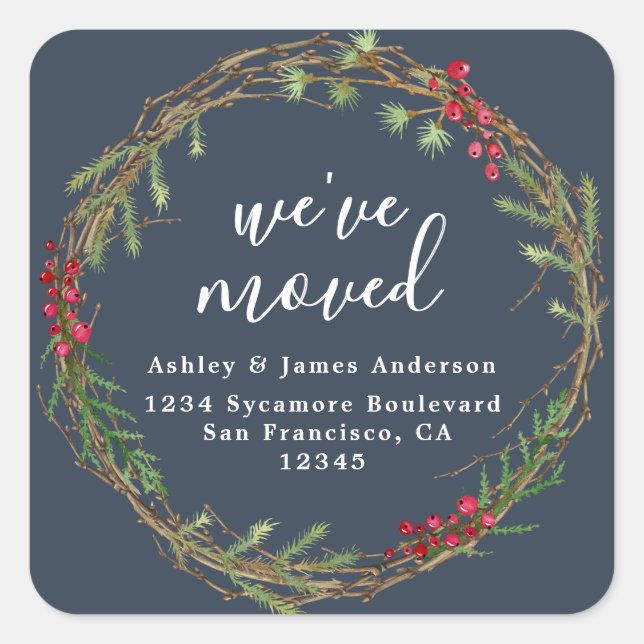 Sticker Carré Rustic Navy Wreath We’ve Moved Address (Devant)