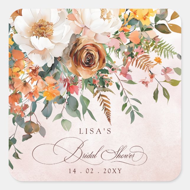 Sticker Carré Rustic Orange Floral Fall Bridal Shower  (Devant)