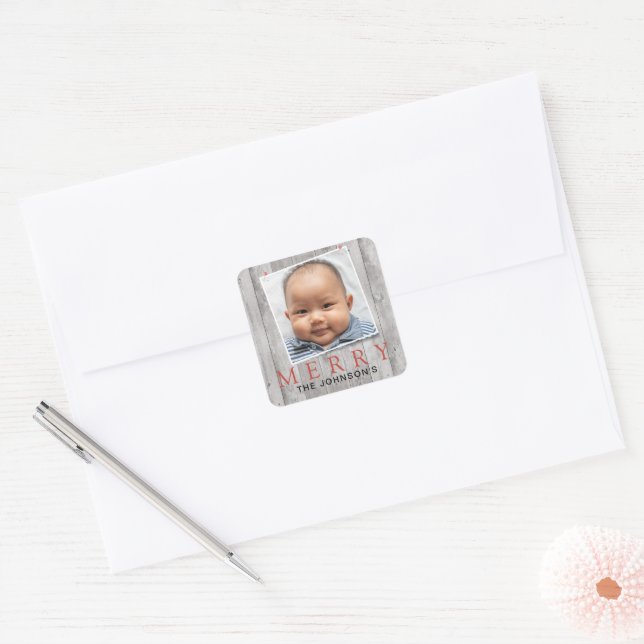 Sticker Carré Rustic Pined Photo Joyeux Fêtes (Enveloppe)