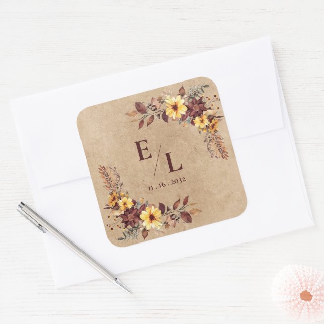 Sticker Carré Rustic Pretty Autumn Fall Floral Monogram Wedding (Enveloppe)