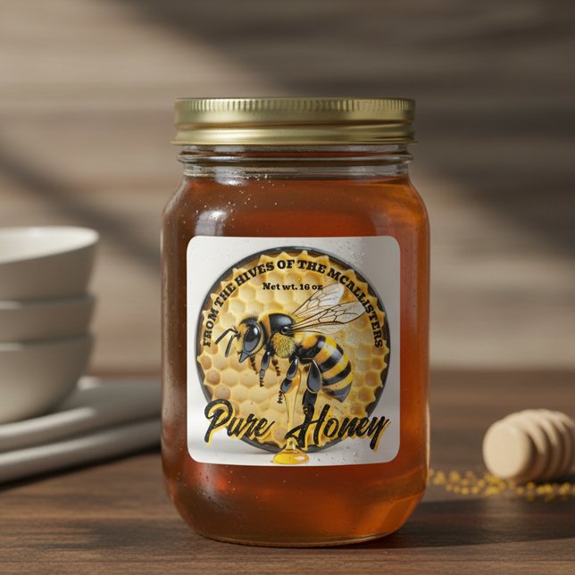 Sticker Carré Rustic Realistic Honey Bee & Honeycomb Apiary Jar (Créateur téléchargé)