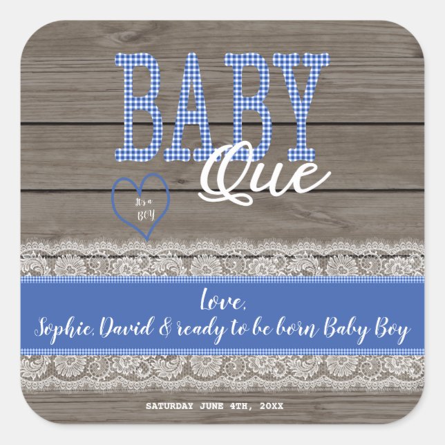 Sticker Carré Rustic Red En vichy Wood Boy Baby shower BBQ (Devant)