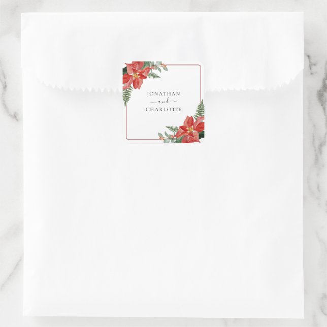Sticker Carré Rustic Winter Poinsettia Red Christmas Wedding (Sac)