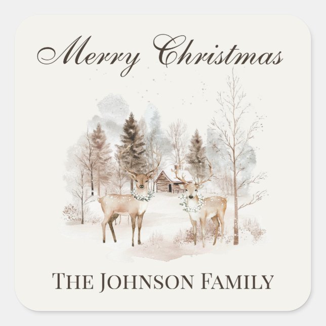 Sticker Carré Rustic Winter Watercolor Deer Merry Christmas (Devant)