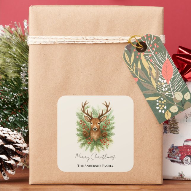 Sticker Carré Rustic Woodland Deer Head with Winter Foliage -  (vacances)