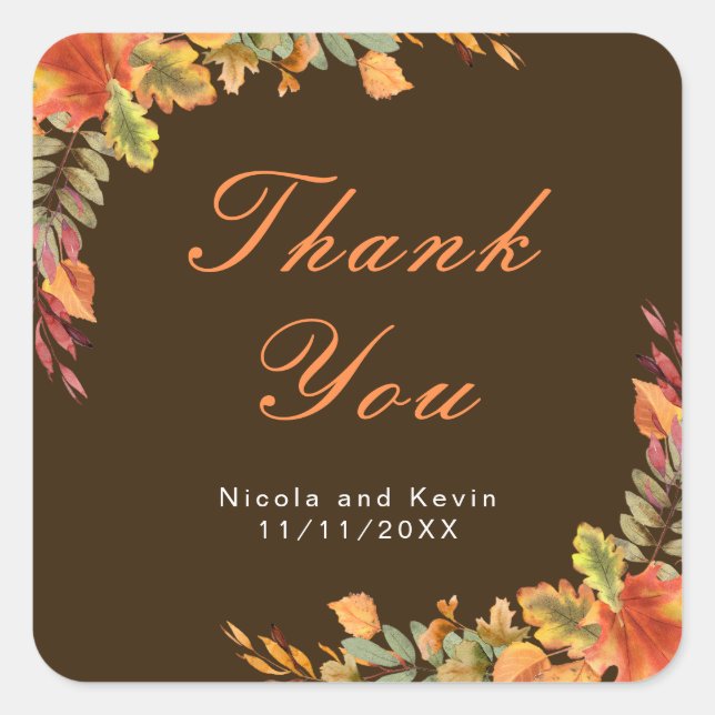 Sticker Carré Rustique Automne Feuilles Mariage Merci (Devant)