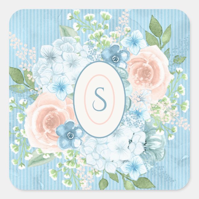 Sticker Carré Rustique Bleu Rose Vert Floral Shabby Chic (Devant)