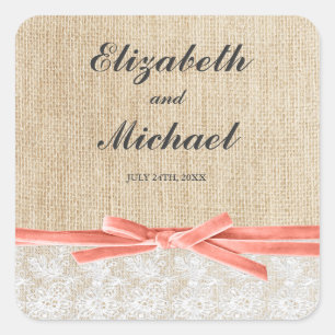 Sticker Carré Rustique Burlap Dentelle de corail Ruban Favoriser
