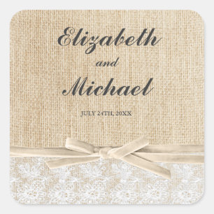 Sticker Carré Rustique Burlap Lace ivoire Ribbon Favoriser Étiqu