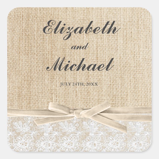 Sticker Carré Rustique Burlap Lace ivoire Ribbon Favoriser Étiqu (Devant)