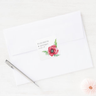 Sticker Carré Rustique Elegant Aquarelle Script Red Poppy Mariag